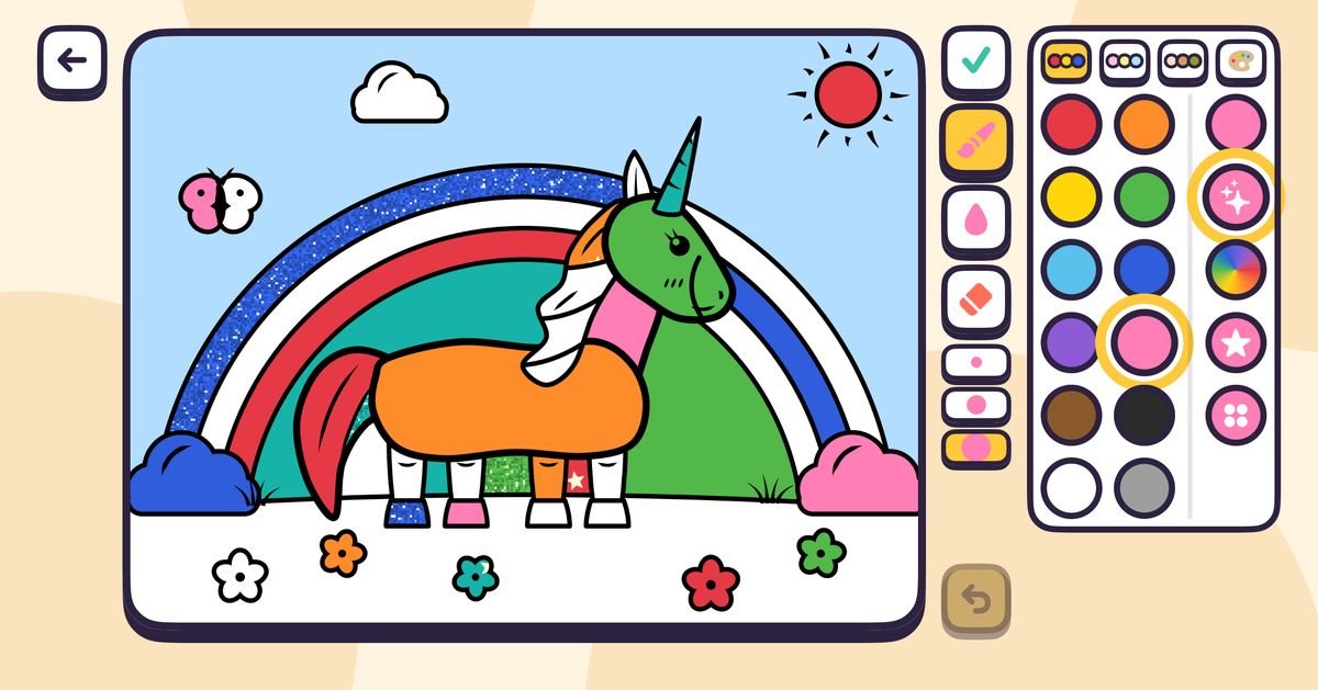 Coloring screen: a unicorn, tools and the color palette