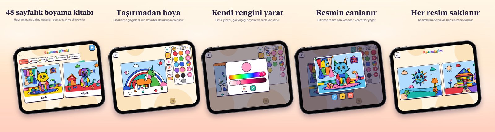 Boyama Kitabı'nın iPad'deki beş ekranı: sayfa seçimi, taşırmadan boyama, renk karıştırıcı, canlanan resim ve Resimlerim galerisi