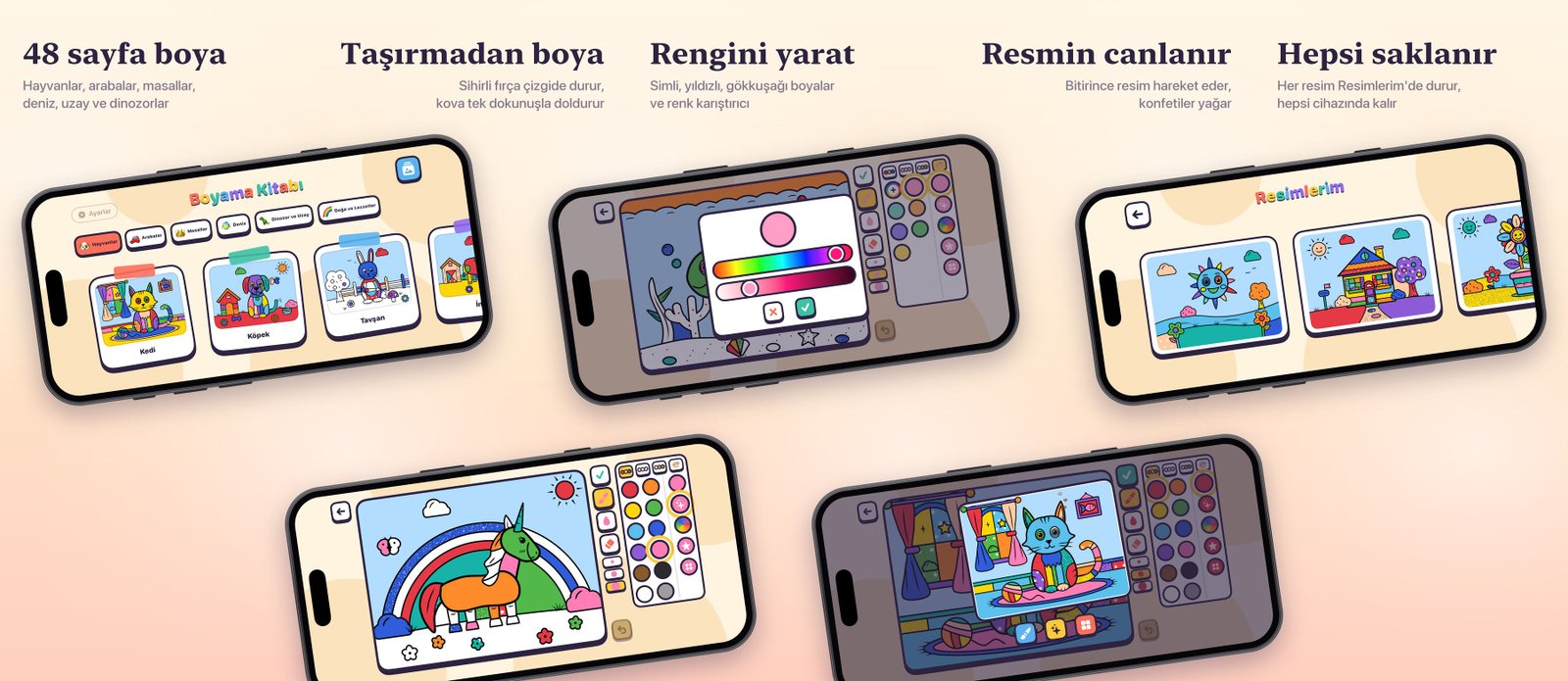 Boyama Kitabı'nın iPhone'daki beş ekranı: sayfa seçimi, taşırmadan boyama, renk karıştırıcı, canlanan resim ve Resimlerim galerisi